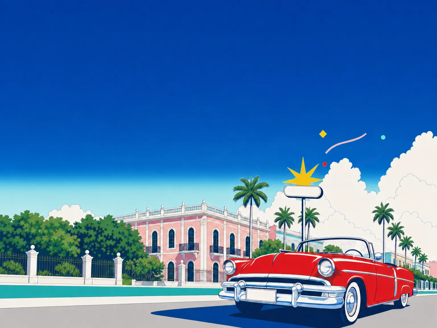 Paseo de Montejo al mediodía: un convertible rojo frente a una casona rosa, con palmeras y un letrero en blanco esperando un nombre.